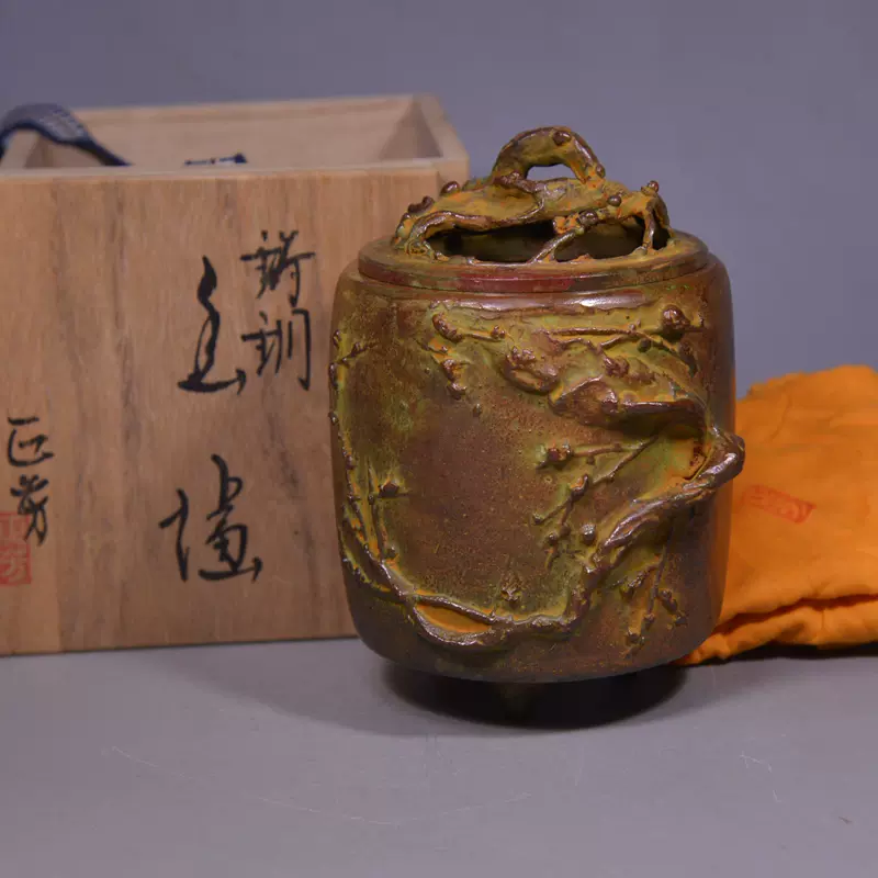 日本金工大师名取川雅司芦苇白鹭文蜡型铸铜香炉无原箱-Taobao