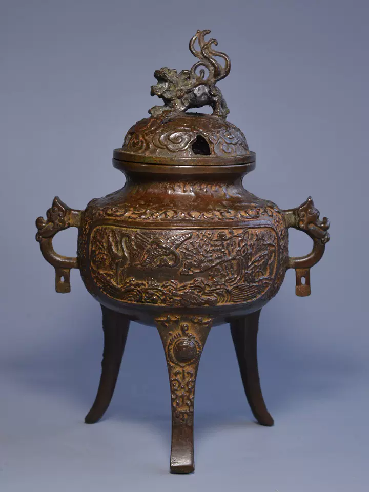 2069 高岡銅器　金工師 米田秀保 造  蝋型鋳銅 立龍提手 瓔珞雲図 香炉 2069 高岡銅器 金工師 米田秀保 造 蝋型鋳銅 立龍提手