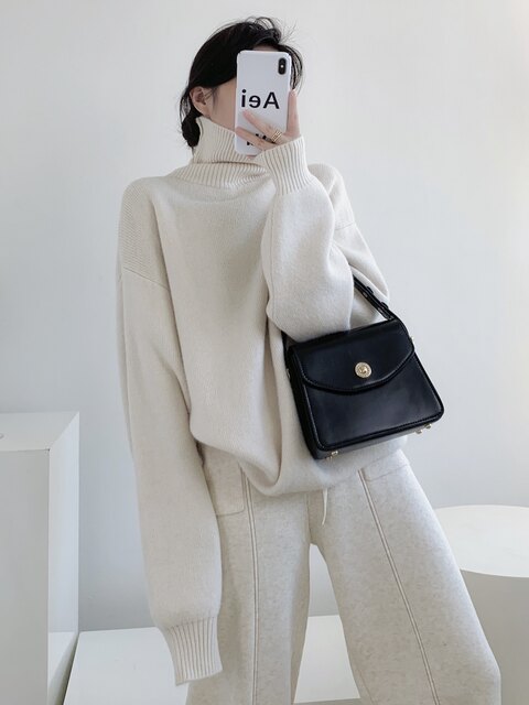 FlowGaga lazy style simple turtleneck hip-covering sweater for women in autumn and winter loose pullover thick knitted top
