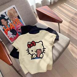 Pure Cotton T-Shirt 2025 New Summer Style for Girls, Loose and Simple Round Neck with Cartoon Cat Print, Short-Sleeved Top, Class Uniform