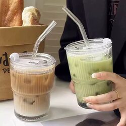 New Ins-Style Vertical Stripe Glass Cup with Straw, High Aesthetic Coffee Cup, Cold Brew Cup, Household Water Cup, Milk Cup
