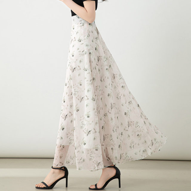 Summer fresh chiffon skirt long skirt 2024 new lady large-size printed skirt A-line skirt large umbrella skirt