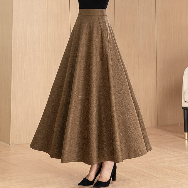 Spring and Autumn new high-end brown large-size skirt for women's retro large-size A-line skirt versatile temperament long skirt umbrella skirt