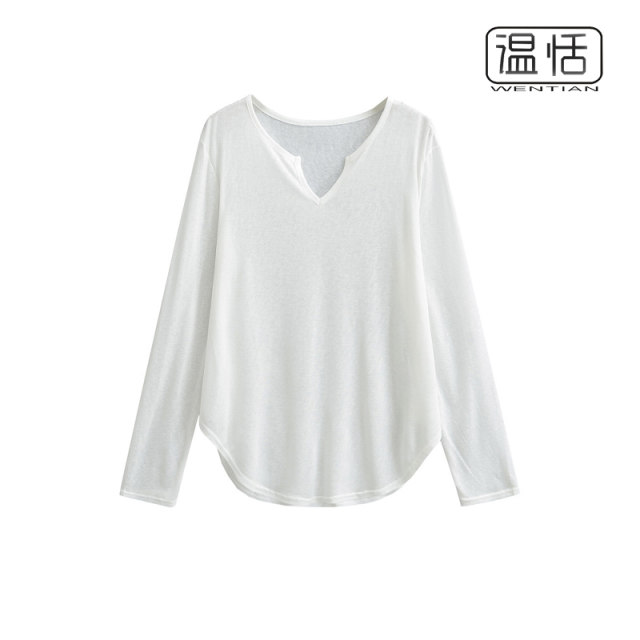 American retro white V -neck sleeper loose slightly slightly thin -blocket long -sleeved T -shirt jazz dance bottom shirt
