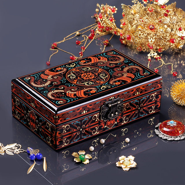 Retro style Han pattern lacquer jewelry box classical wooden Jingchu ...