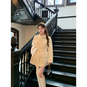 
2025 new Korean style scarf collar double-sided tweed coat for women thickened lace-up bathrobe woolen coat