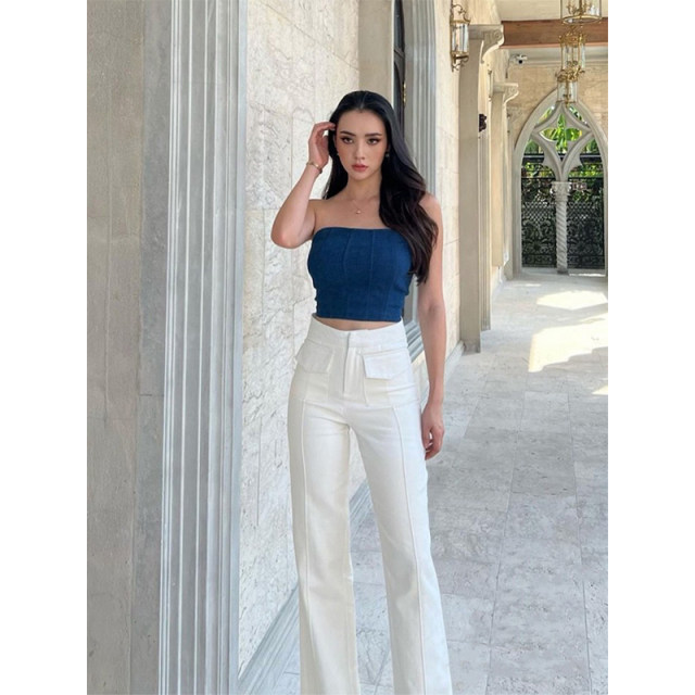 New summer slim and sexy strapless denim top high waist white trousers casual suit