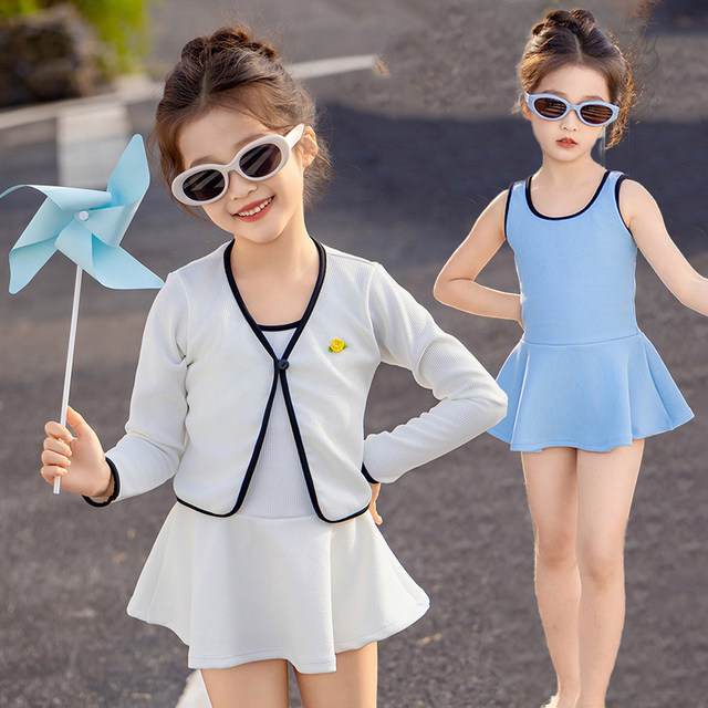 Girls one-piece swimsuit Korean version solid color cardigan sun protection princess skirt two-piece boxer briefs baby hot spring swimsuit