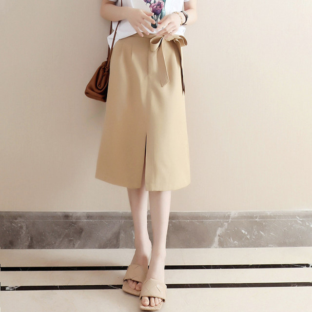 Japanese style skirt for women in summer 2025 new high-waisted retro slit lace-up slim camel a-line midi skirt