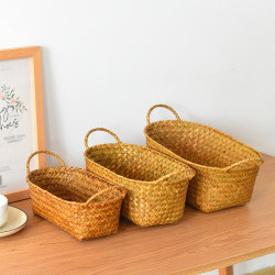 Desktop Straw Storage Basket, Fruit Basket, Snack and Miscellaneous Items Organizer, Double-Handle Rattan Basket, Wicker Storage Basket