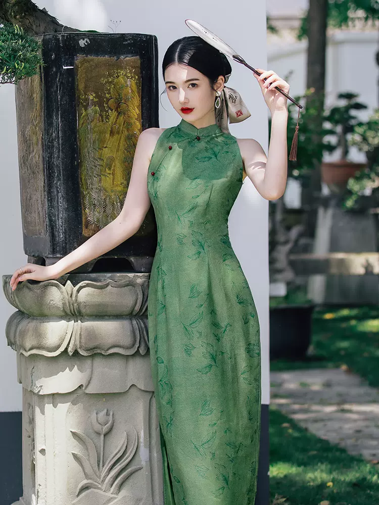 新中式翡翠绿改良旗袍两件套2022年新款复古民国中长款连衣裙夏季-Taobao