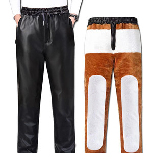 Men's leather pants with velvet thickening cold prevention and warm -keeping workpieces, wear -resistant high waist loose, autumn and winter elasticity, large size soft

