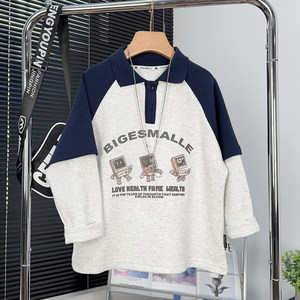 
Big E small e children's clothing boys' fake two-piece POLO shirt spring medium and large children's lapel long-sleeved T-shirt children's sweatshirt 5326