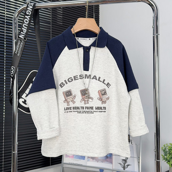 
Big E small e children's clothing boys' fake two-piece POLO shirt spring medium and large children's lapel long-sleeved T-shirt children's sweatshirt 5326