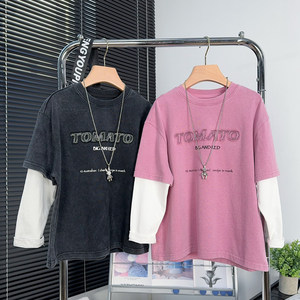 
Big E small e children's clothing boy fake two-piece long-sleeved T-shirt Spring and Autumn style medium-sized children's fashion sweatshirt children's top 25007