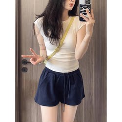 Melard Navy Blue Pure Cotton Sports Shorts for Women, Loose Casual Home Sleep Shorts, Wide-Leg A-Line Hot Pants for Summer