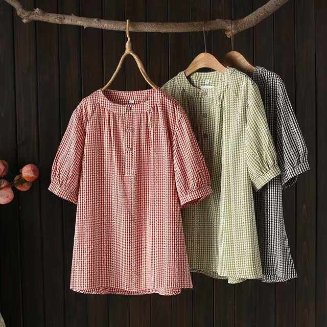 Large size women's summer new fashionable design pullover puff short-sleeved plaid plus-size shirt women's top