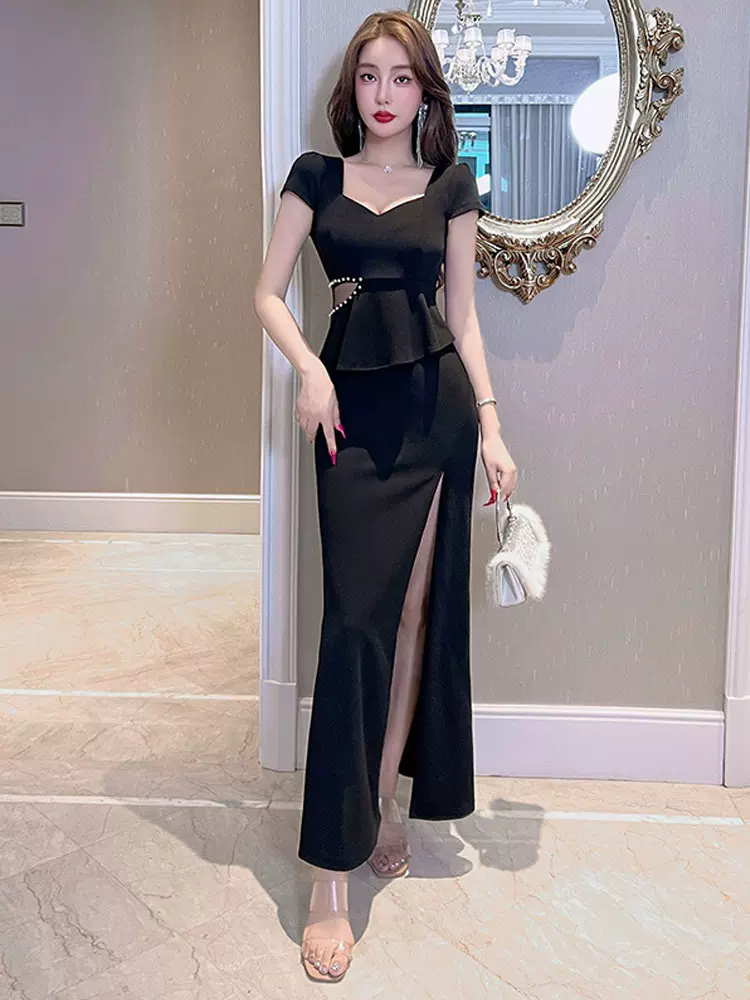 夜场ktv佳丽显瘦低胸开叉晚礼服 春夏新款沐足按摩性感包臀连衣裙