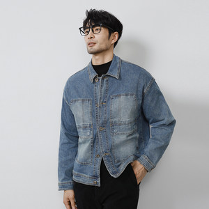 
MXKM American washed blue denim jacket men's multi-pocket retro distressed short lapel work jacket