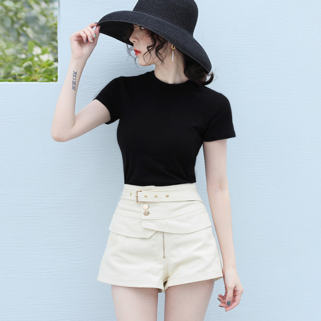 Black half-high neck short-sleeved T-shirt for women pure cotton versatile 2025 summer new solid color slim half-sleeved top ins trendy