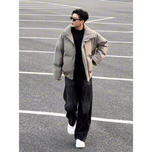 
Large size 300*0.5kg American high street short down jacket men's winter PU leather bread jacket stand-up collar cotton jacket