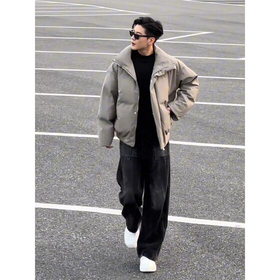 
Large size 300*0.5kg American high street short down jacket men's winter PU leather bread jacket stand-up collar cotton jacket