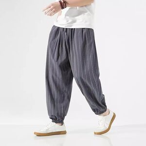 
Large size 300*0.5kg cotton and linen striped casual pants men's Japanese retro loose linen wide legs small feet bloomers summer 2
