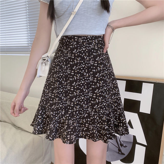 Floral skirt A-line skirt new summer small fresh large size women's elastic waist ruffle skirt anti-exposure skirt