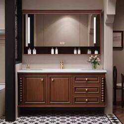 2026 New Model American-Style Vintage Bathroom Cabinet Set with Ceramic Washbasin, Solid Wood Sink, and Washbasin
