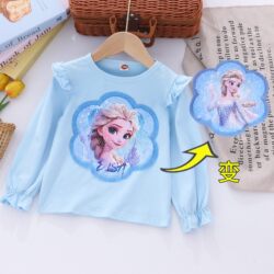 Elsa T-Shirt for Kids with Color-Changing Pattern, Long-Sleeved Elsa Clothing, Super Cute for Girls, Pure Cotton T-Shirt