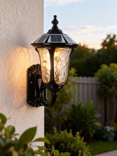 Fijacion Luminosas De Pared Solar Con Led Al Atardecer Imagen De Archivo - Imagen De Exterior