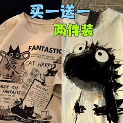 2025 New American Retro ins Anime Print Short-Sleeve Men's Summer Niche Loose Student Casual Top Trendy 12