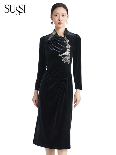 SUSSI/antique season new product mall same black embroidered floss high-end slim dress for women
