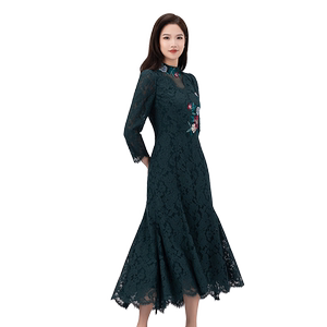 SUSSI/Antique Autumn Shopping Mall Same Style Green Lace Round Neck Embroidered High Waist Slim Light Luxury High-Level Dress