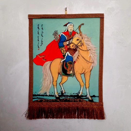 【2点セット】モンゴル 壁飾り / チンギス・カン ＆ 四匹の和合する動物 モンゴルフェルト絵画 チンギスハーン 壁飾り - 内モンゴル工芸品