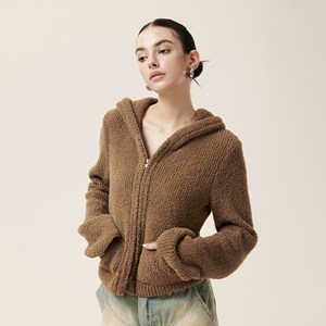 
[GINGER MI]Cozydoll soft and glutinous feather plush skin-friendly flared sleeve waist-closed double zipper hooded sweater