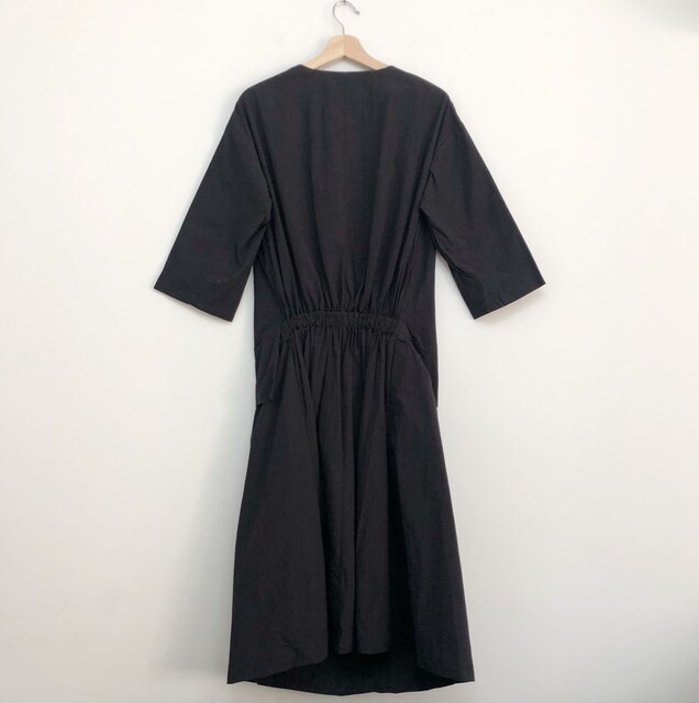 Sandy discount women's clothing, solid color, literary and 7-quarter sleeve waist-hugging dress, half-open plaid round neck drawstring full cotton skirt