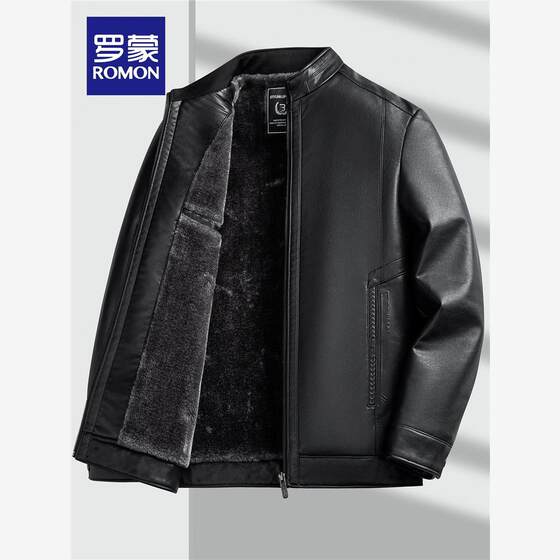 
[Fleece Leather Jacket] Romon Black Leather Jacket Men's Winter Business Casual Comfortable Warm Leather Jacket MF