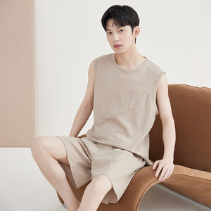 
Top Guagua couple pajamas men summer cotton sleeveless shorts top Guagua round neck suit home clothes men and women