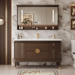 New Chinese-Style Ceramic Integrated Basin Bathroom Cabinet Combination, Floor-Standing Solid Wood Lacquered Washbasin, Bathroom Vanity