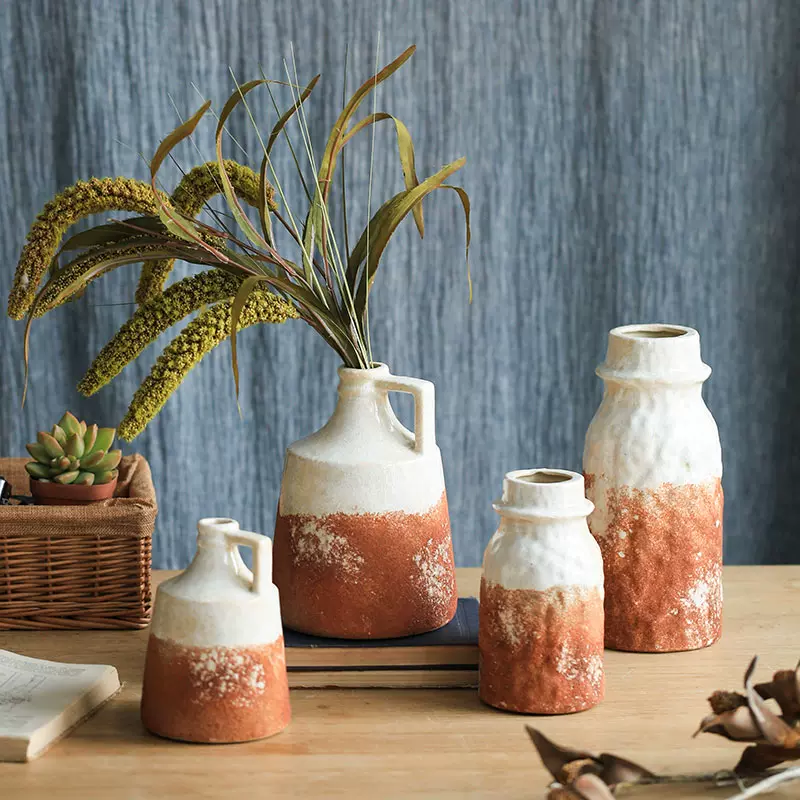 七茉 复古红陶色陶瓷花瓶美式乡村冰裂纹艺术装饰台面插花