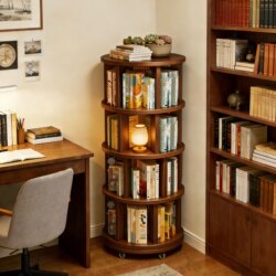 Solid Wood Rotating Bookshelf Integrated Against the Wall, Movable Narrow Bookcase, Floor-Standing Storage Rack, Household Corner Multi-Layer Storage Cabinet