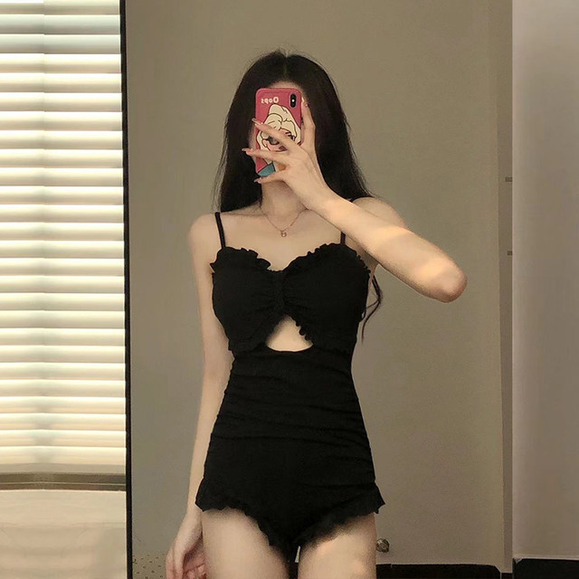 cicory black student long-sleeved swimsuit covering belly and making you look slim and conservative female conservative hot spring one-piece flat horn swimsuit female