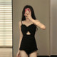 cicory black student long-sleeved swimsuit covering belly and making you look slim and conservative female conservative hot spring one-piece flat horn swimsuit female