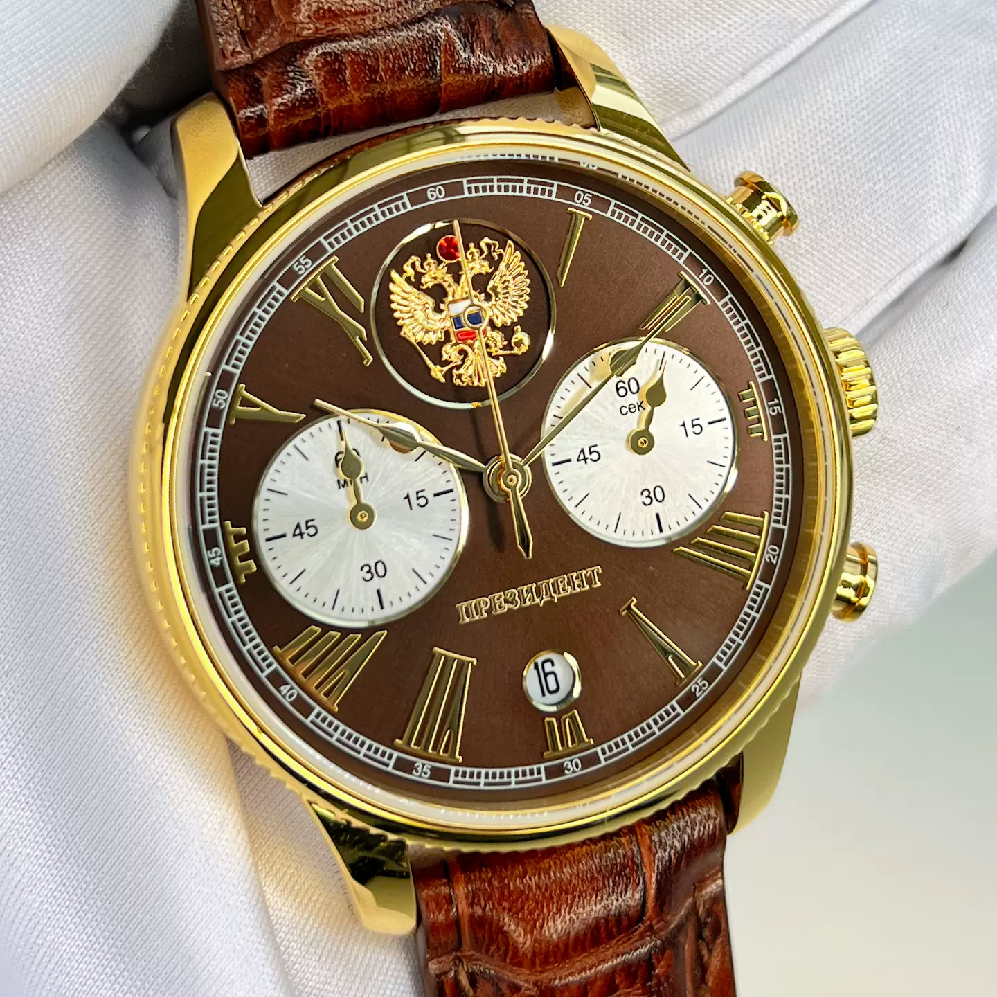 双头鹰镀金表男红宝石总统石英计时码表限量防水商务休闲皮带防划