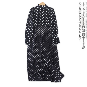 
Polka-dot chiffon skirt spring new foreign trade women's fashion versatile waist slimming long-sleeved slit long skirt 17761
