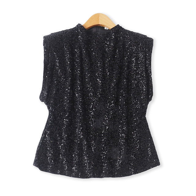 
Gold velvet sleeveless top, autumn new foreign trade women's clothing, versatile, western-style waistband, shoulder pads, sequined vest 18951