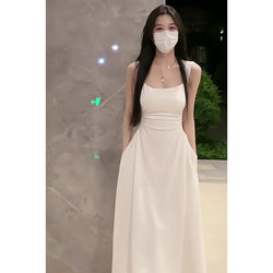 French-Style Tea Break White Spaghetti Strap Dress for Women, Summer 2026, New Spring and Autumn Style, Petite Long-Sleeve Waist-Cinching Long Dress