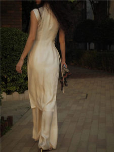 Summer new retro -improved copper ammonia cheongsam suit high waist and thin leg pants slim super long dress