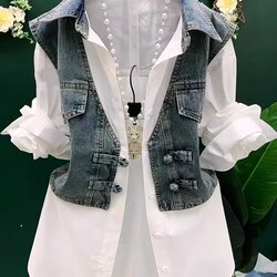 Denim Vest Spliced Shirt Fake Two-Piece Set for Women, Fashionable Polo Collar Button-Up Shirt, Autumn Stylish Button-Down Shirt